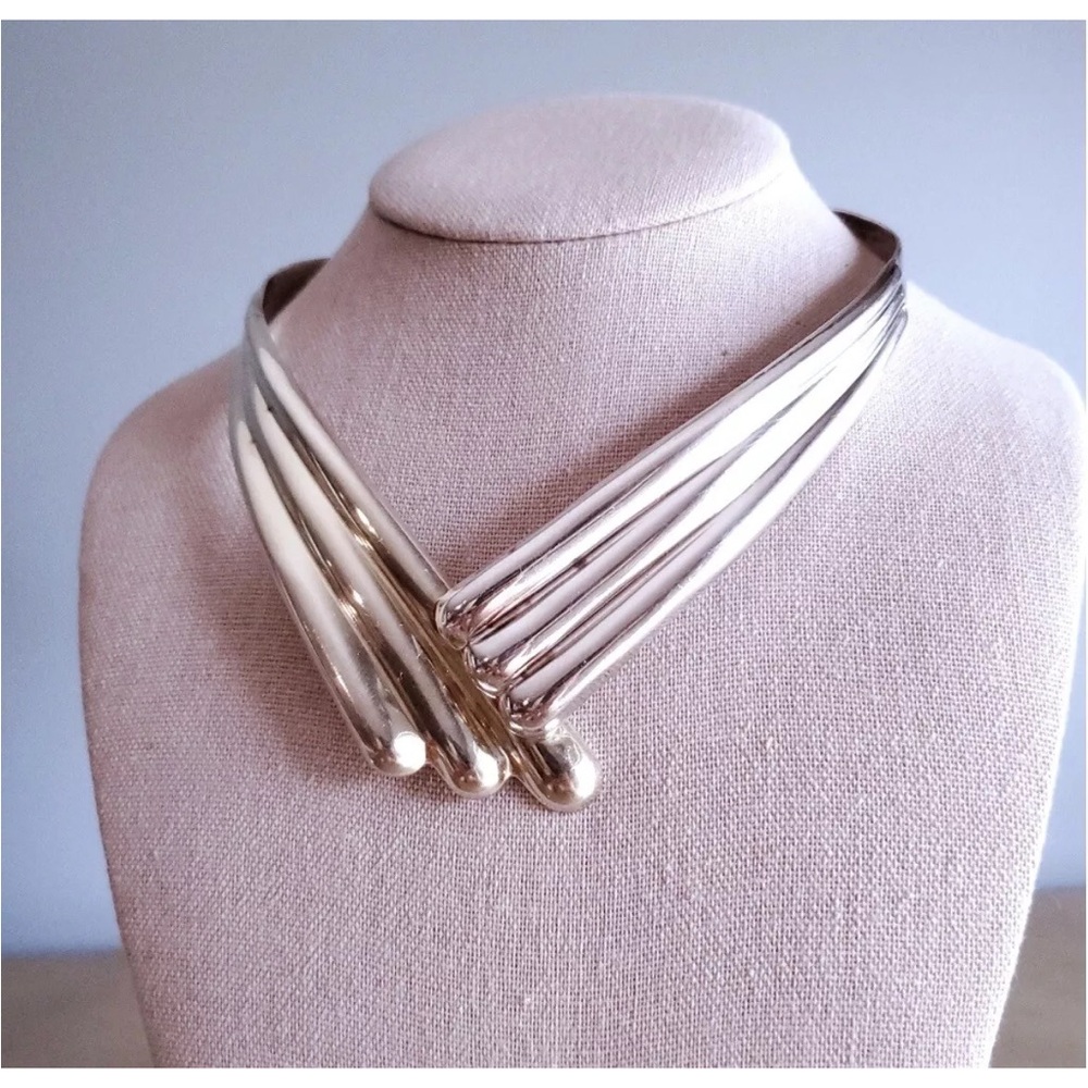 Taxco Mexico Sterling Silver Torc Necklace V Shaped Choker Collar 15-inch 76g - Picture 6 of 15